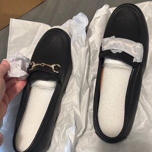 Black Leather Loafers with Gold Detail